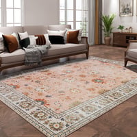 Covor Vintage Lavabil Xfrog cu Fir Scurt, Antiderapant, Model Tradițional, pentru Sufragerie, Bucătărie, Birou, 160x230 cm, Roz 2