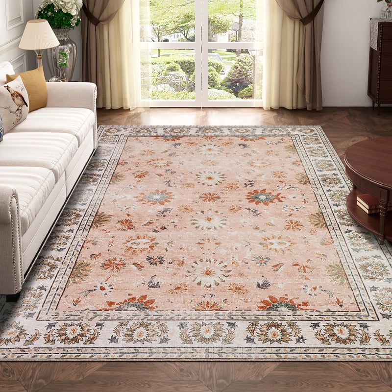 Covor Vintage Lavabil Xfrog cu Fir Scurt, Antiderapant, Model Tradițional, pentru Sufragerie, Bucătărie, Birou, 160x230 cm, Roz