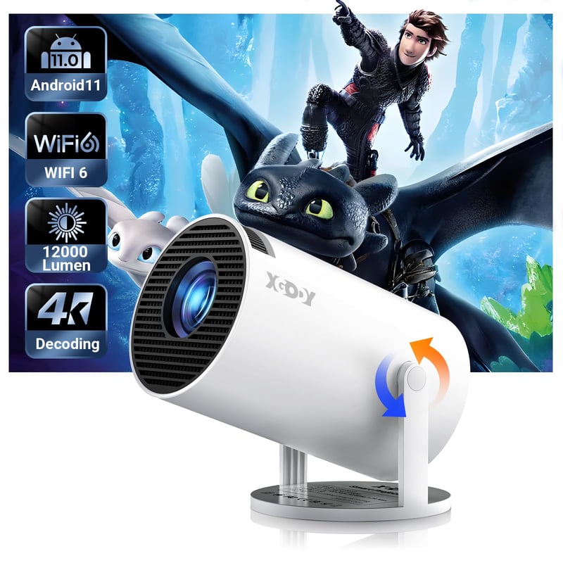 Prenosný projektor Xgody Gimbal 3, Android TV 11.0, WiFi 6, Bluetooth 5.0, 12000 lúmenov, podpora 4K, natívne HD rozlíšenie 720p, automatická korekcia lichobežníkového skreslenia, otočný stojan