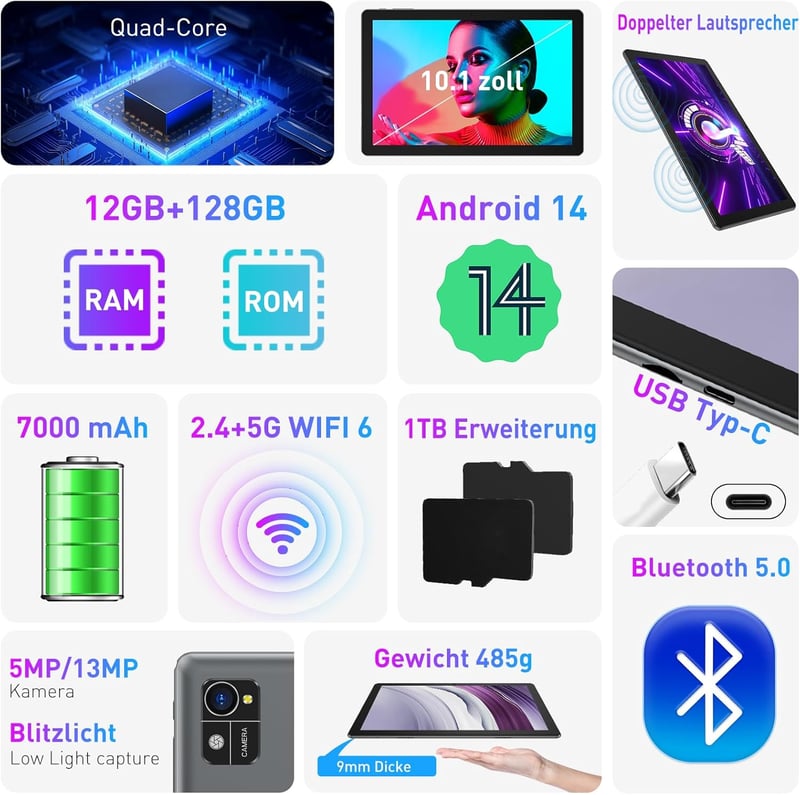 XGODY P60PRO 10,1" 4G LTE Tablet, Android 13, 12GB RAM, 128GB Tárhely, Billentyűzettel, 8000mAh Akkumulátor, FHD IPS Kijelző, Dual SIM