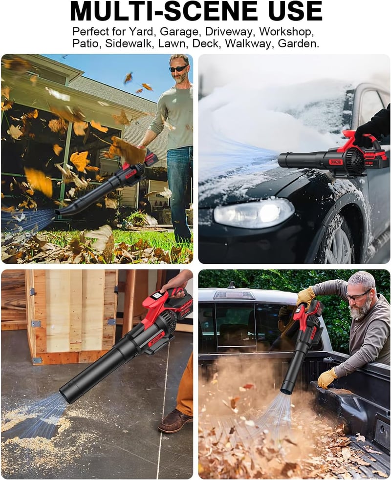 XIAZIR Akkus lombfúvó 2x4Ah 21V 3 fokozat LCD kijelzővel levelek sár hó autópor eltakarításához töltővel piros-fekete