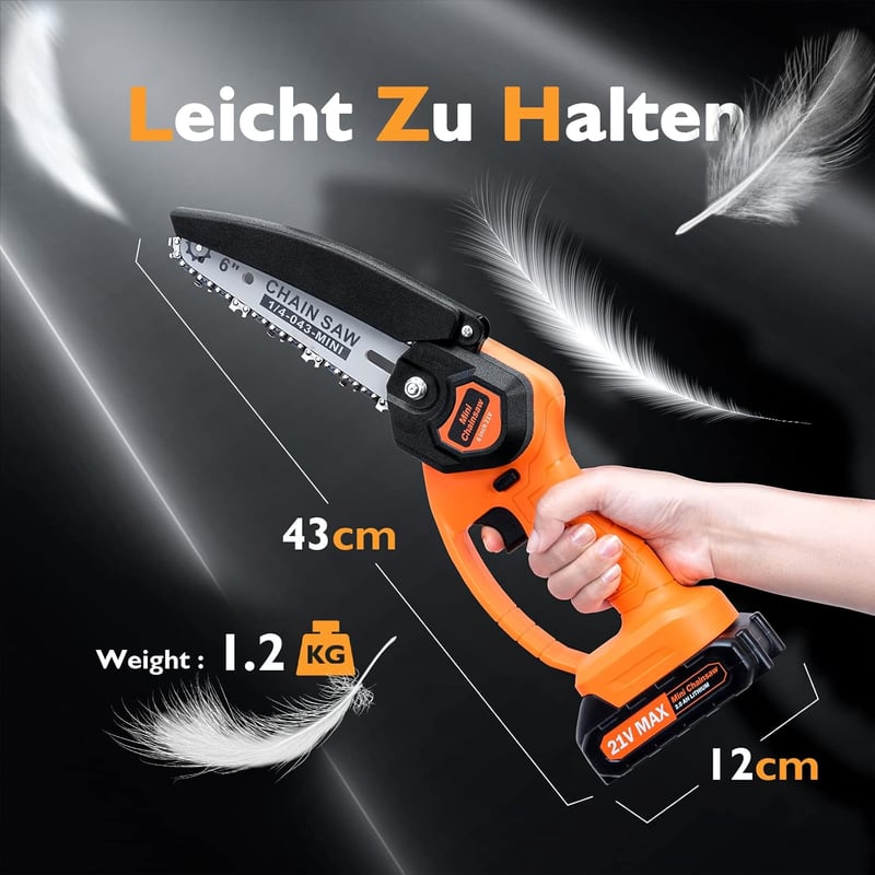 XIAZIR Mini Láncfűrész 6 Colos 21V/2Ah Akkumulátoros Kézi Fűrész Biztonsági Zárral, 2 Akkumulátorral Fa és Bokor Vágáshoz