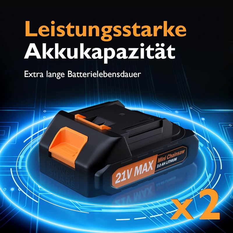 XIAZIR Mini Láncfűrész 6 Colos 21V/2Ah Akkumulátoros Kézi Fűrész Biztonsági Zárral, 2 Akkumulátorral Fa és Bokor Vágáshoz