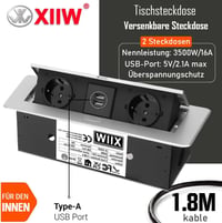 XIIW Alumínium Beépíthető Asztalcsatorna 3500W 16A 2 USB Aljzat Munkalaphoz - Silver-2 compartments+2USB 2
