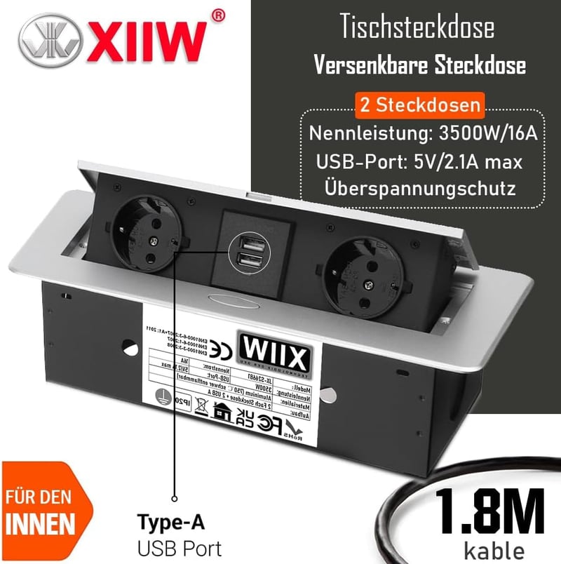 XIIW Alumínium Beépíthető Asztalcsatorna 3500W 16A 2 USB Aljzat Munkalaphoz - Silver-2 compartments+2USB