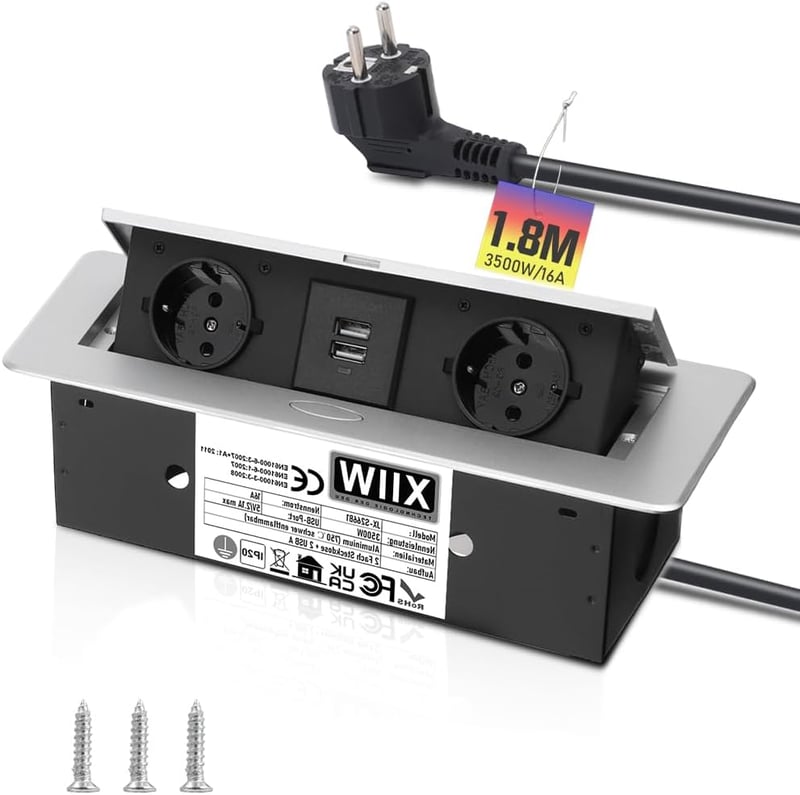 XIIW Alumínium Beépíthető Asztalcsatorna 3500W 16A 2 USB Aljzat Munkalaphoz - Silver-2 compartments+2USB