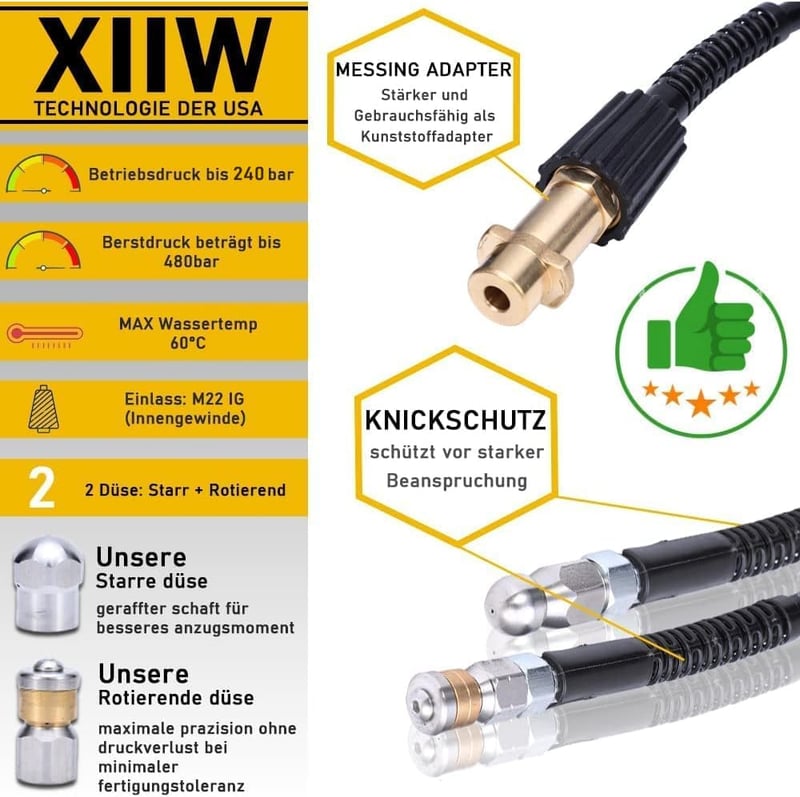 XIIW 30m Csatornatakarítás Tömlő 240 Bar M22 Adapter Kränzle Kärcher K2-K7 Nyomásmosóhoz