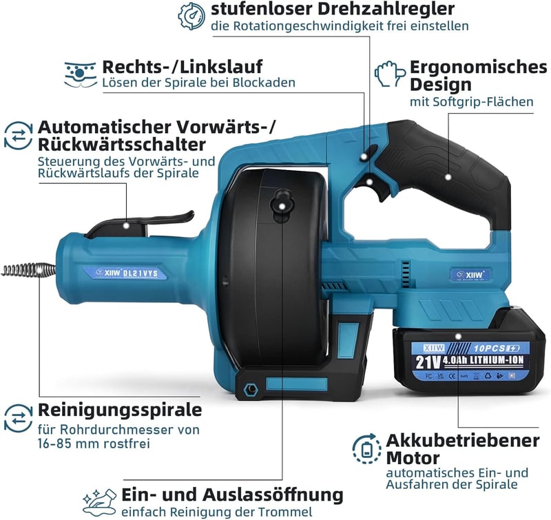 XIIW Elektromos Csőtisztító Gép 610 rpm Makita 18V Akkumulátorral Kompatibilis 7,6m Spirál 16-85mm Csövekhez Duguláselhárító