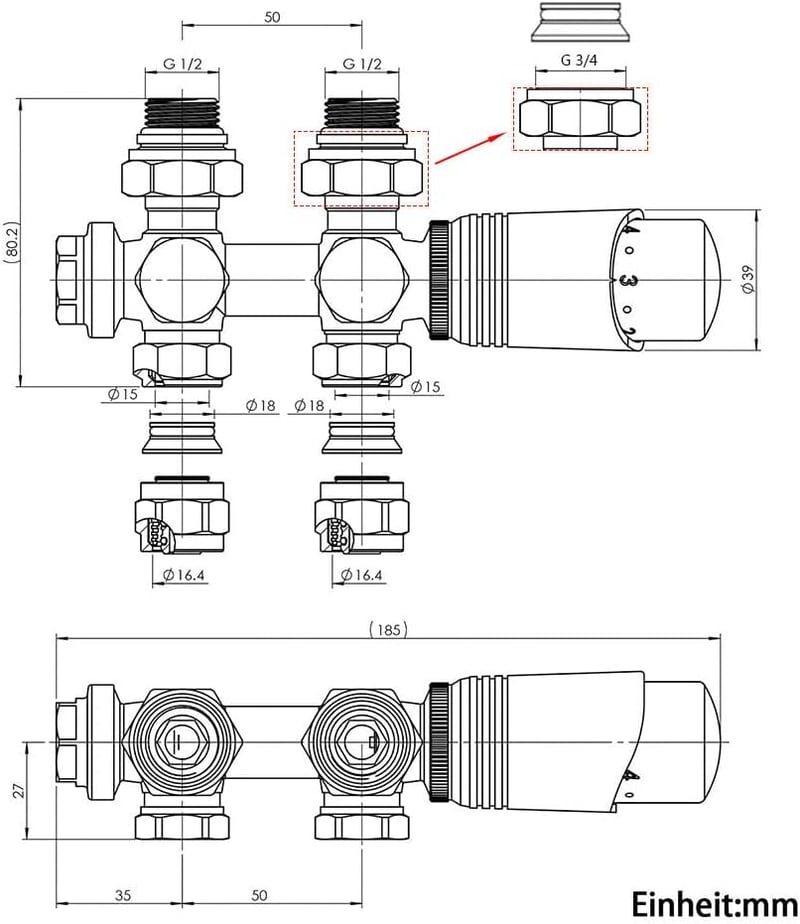 XIIW Termosztátos Radiátor Sarokblokk G1/2" G3/4" 50mm Szelep