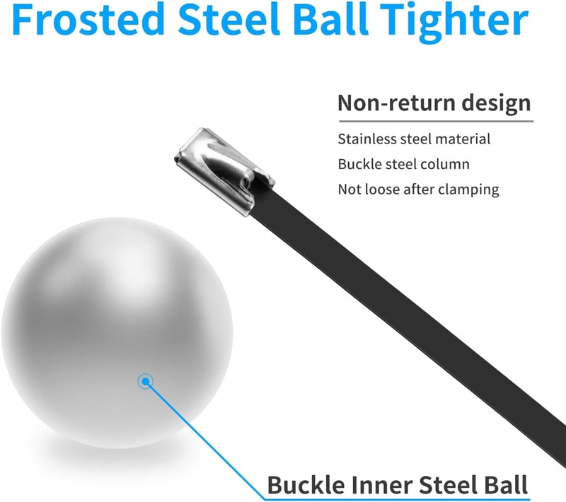 XINGO 200 db Rozsdamentes Acél Kábelkötegelő, Fekete, 300x4,6mm, Fém Rögzítőpánt