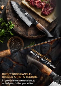 XINZUO Santoku nôž z damaškovej ocele 19,3 cm – Tepaný vzor, ergonomická rukoväť z bieleho dubu a červeného G10, profesionálne kovaný kuchynský nôž, v darčekovej krabičke 4