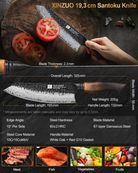 XINZUO Santoku nôž z damaškovej ocele 19,3 cm – Tepaný vzor, ergonomická rukoväť z bieleho dubu a červeného G10, profesionálne kovaný kuchynský nôž, v darčekovej krabičke 6