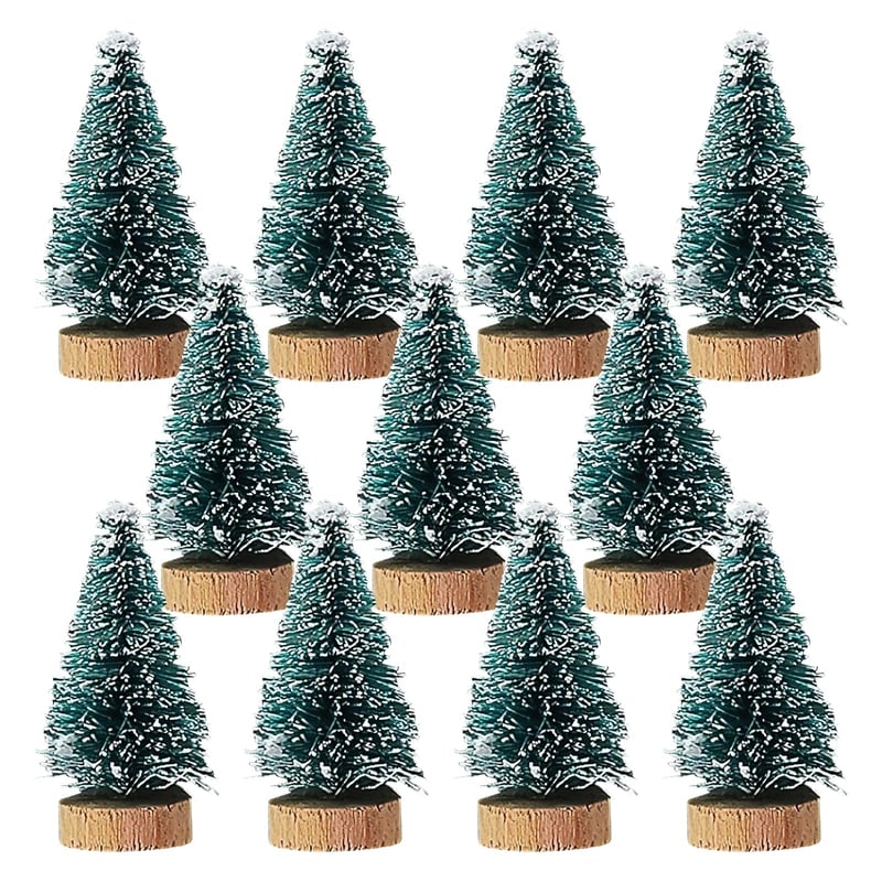 Set 12 mini brazi artificiali XJWZGM, brazi de Crăciun artificiali din sisal cu aspect nins, mini brazi verzi tip perie de sticle pentru decor de masă, decorațiuni DIY de Crăciun