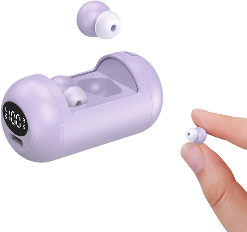 Xmenha Mini vezeték nélküli Bluetooth alvós fülhallgató lila, láthatatlan in-ear, oldalra fekvéshez is, töltőtartóval