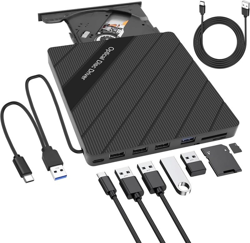 XMSJSIY Külső CD/DVD Meghajtó USB 3.0 Type-C Hordozható Írható Olvasó 8 az 1-ben
