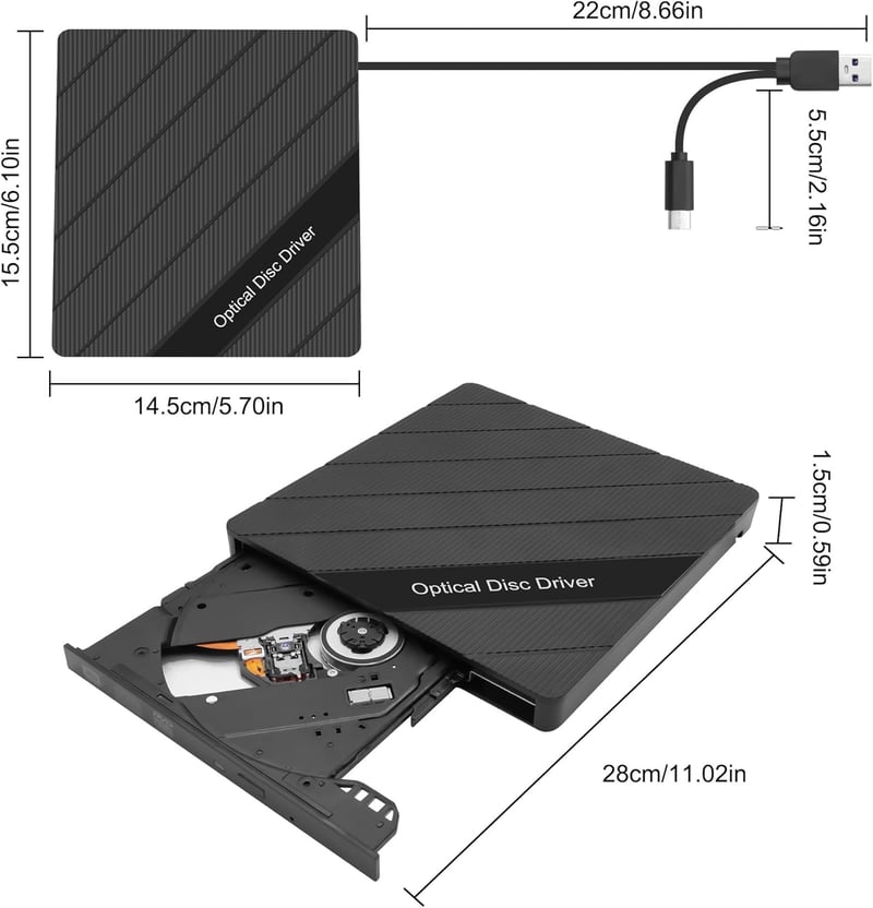 XMSJSIY Külső CD/DVD Meghajtó USB 3.0 Type-C Hordozható Írható Olvasó 8 az 1-ben