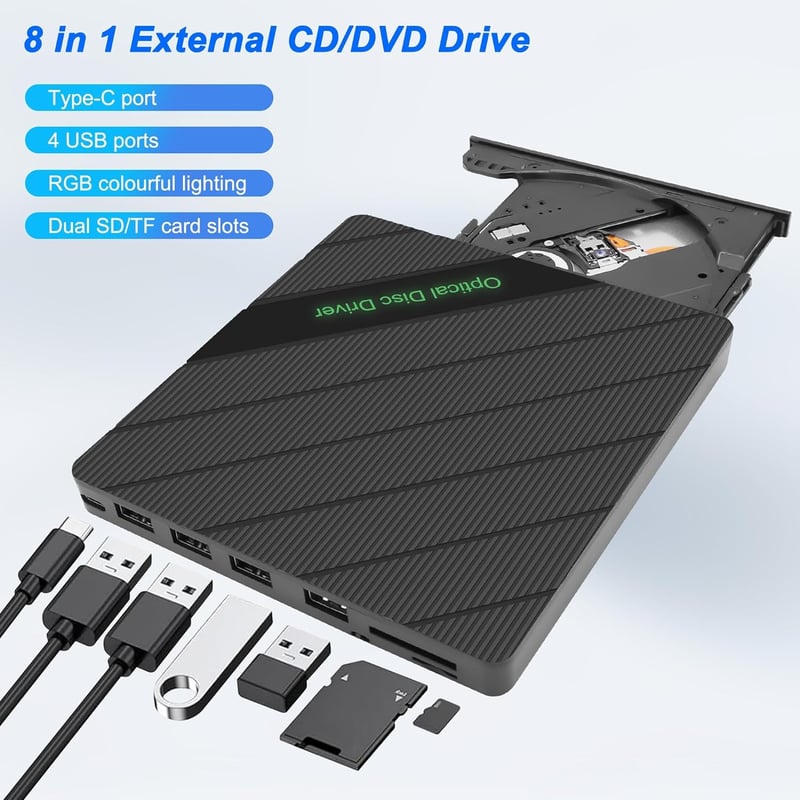 XMSJSIY Külső CD/DVD Meghajtó USB 3.0 Type-C Hordozható Írható Olvasó 8 az 1-ben