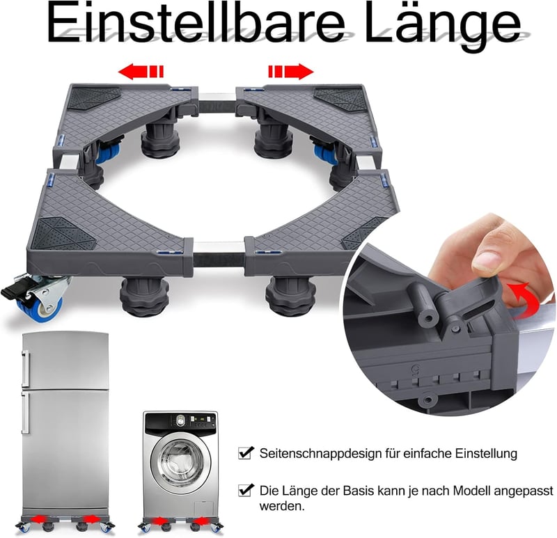 XMTECH Állítható Mosógép Alap 45-75cm, Görgős Hordozható Talp Mosógéphez Hűtőhöz Szárítógéphez