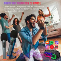 Xnordcaper Hordozható Karaoke Rendszer 2 Vezeték Nélküli Mikrofonnal - Bluetooth Hangszóró LED Fényekkel, FM Rádió, USB, TF Kártya, AUX Csat 3