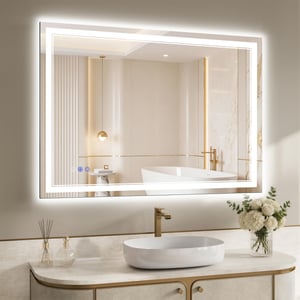 XRAMFY LED kupaonsko ogledalo 100x76 cm, 3 temperature boje, kontinuirano prigušivanje svjetla — izrezana stražnja ploča (stanje: vidi 2. sliku)