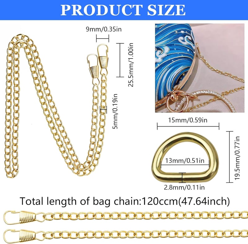 XSHAO 8 db Táskálánc 120 cm D-gyűrűvel Válltáska Crossbody Táskához Arany Ezüst Bronz