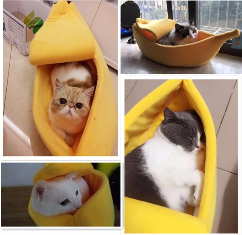 Xshelley Banán Alakú Macska Ágy - Puha Plüss Kisállat Fekhely Kiscicáknak és Kiskutyáknak - Meleg Bújófészek 6 kg Alatti Háziállatoknak (68 