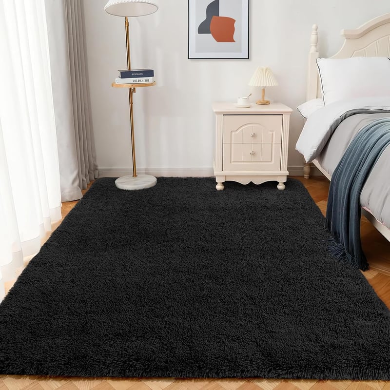 XSIVOD Magas szálú Shaggy szőnyeg fekete 200 x 230 cm, nappaliba hálószobába gyerekszobába csúszásgátló aljjal, mosható