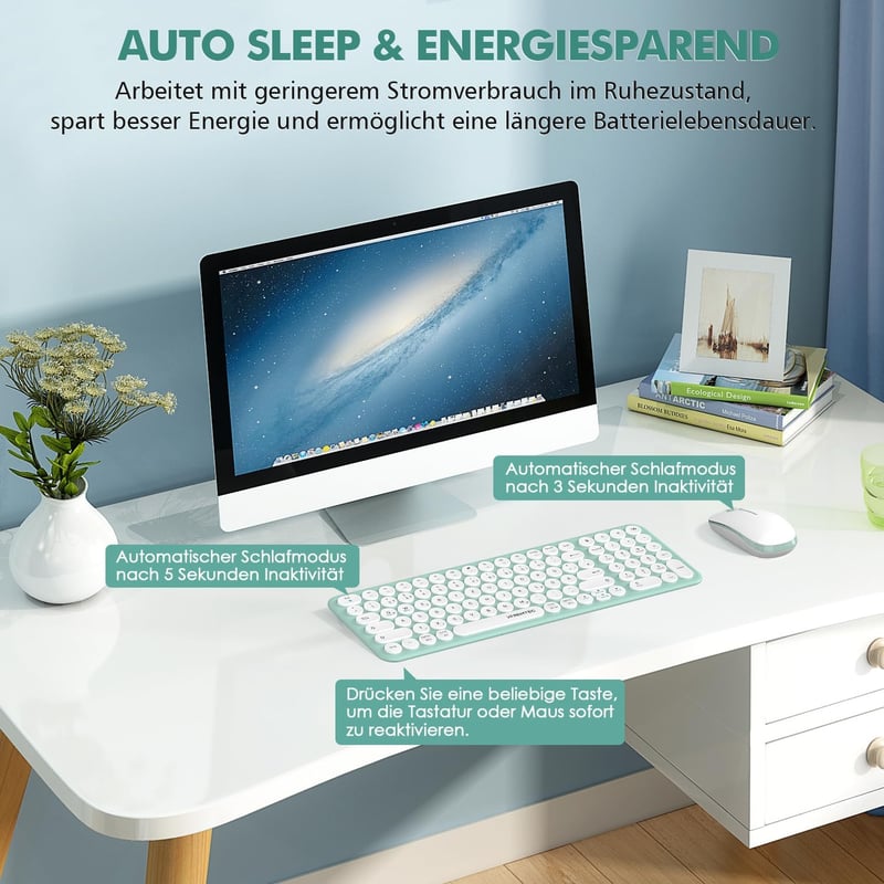 XTREMTEC Retro Kerek Írógép Billentyűzet és Egér Szett, Vezeték Nélküli 2.4GHz, Csendes Kompakt Billentyűzet Laptophoz, Zöld-Fehér - Green-white