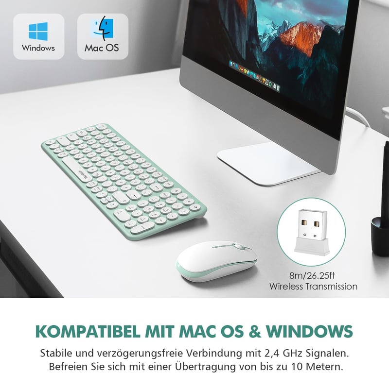 XTREMTEC Retro Kerek Írógép Billentyűzet és Egér Szett, Vezeték Nélküli 2.4GHz, Csendes Kompakt Billentyűzet Laptophoz, Zöld-Fehér - Green-white