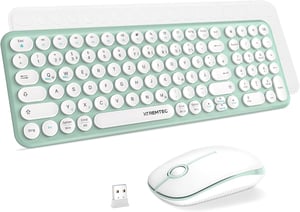 XTREMTEC Retro Kerek Írógép Billentyűzet és Egér Szett, Vezeték Nélküli 2.4GHz, Csendes Kompakt Billentyűzet Laptophoz, Zöld-Fehér - Green-white