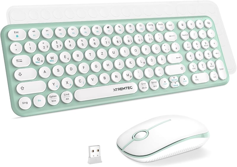 XTREMTEC Retro Kerek Írógép Billentyűzet és Egér Szett, Vezeték Nélküli 2.4GHz, Csendes Kompakt Billentyűzet Laptophoz, Zöld-Fehér - Green-white