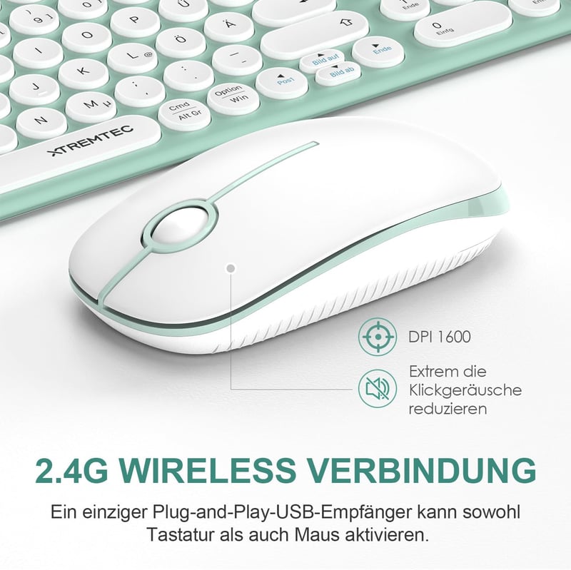 XTREMTEC Retro Kerek Írógép Billentyűzet és Egér Szett, Vezeték Nélküli 2.4GHz, Csendes Kompakt Billentyűzet Laptophoz, Zöld-Fehér - Green-white