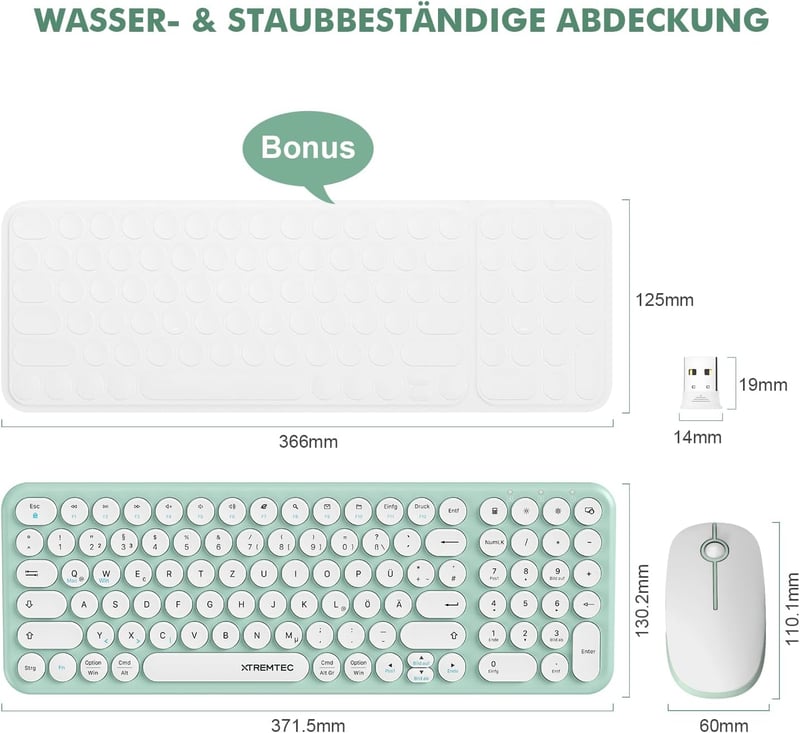 XTREMTEC Retro Kerek Írógép Billentyűzet és Egér Szett, Vezeték Nélküli 2.4GHz, Csendes Kompakt Billentyűzet Laptophoz, Zöld-Fehér - Green-white