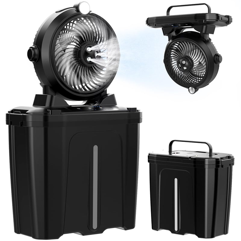 XTTANK Hordozható Párásító Ventilátor Kempinghez, 20000mAh Akkumulátor, LED Lámpa, 3 Sebesség, 3 Párásítási Mód, 45° Dőlésszög, 11L Tartály