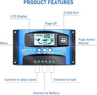 XTVTX 30A MPPT Napelem Töltésvezérlő 12V/24V LCD Kijelzővel - Automata Követés és Kettős USB Port Napelem Szabályzó 6
