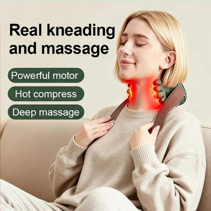 XUDUOO 4D vezeték nélküli nyakmasszírozó shiatsu mélyszövet, 3 intenzitás, 2 fűtésfokozat, zöld izomfeszültség csökkentésére
