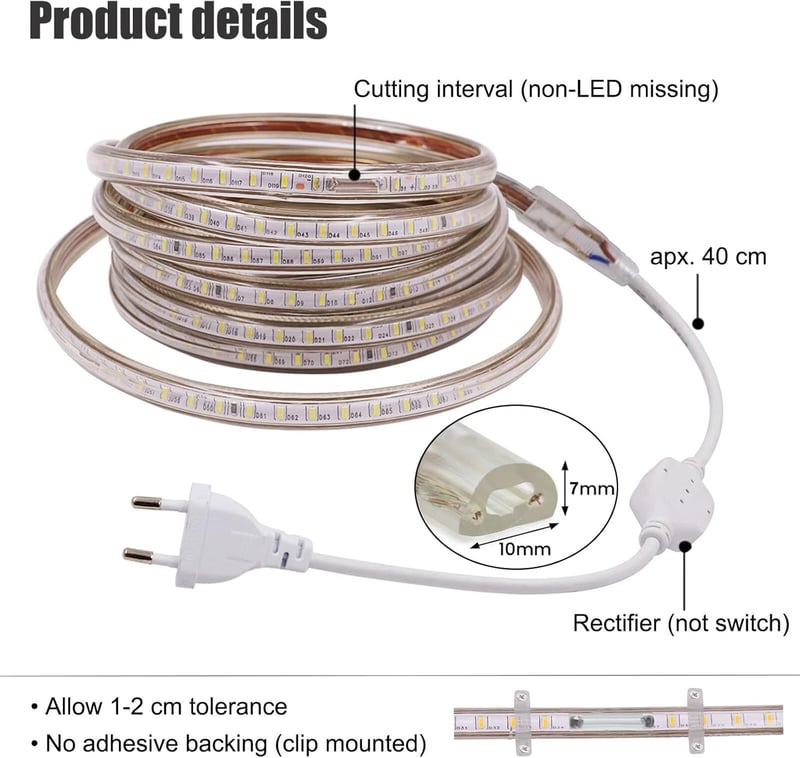 XUNATA 220V LED szalag 120 LED/m IP67 vízálló hideg fehér SMD 3014 konyhai világítás