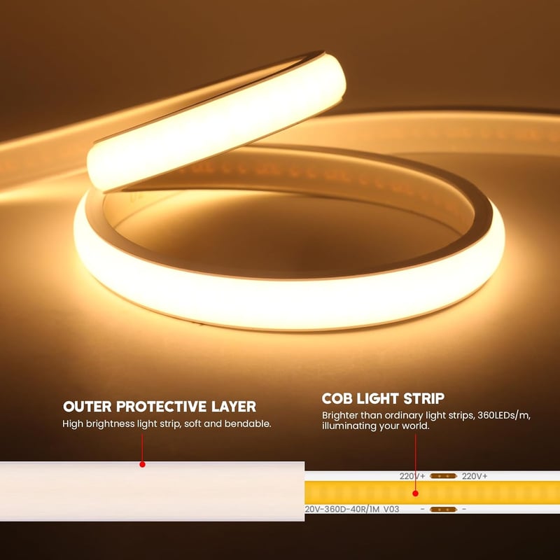 XUNATA 230V COB LED neon szalag 288 LED/m, 4m meleg fehér, IP65 vízálló
