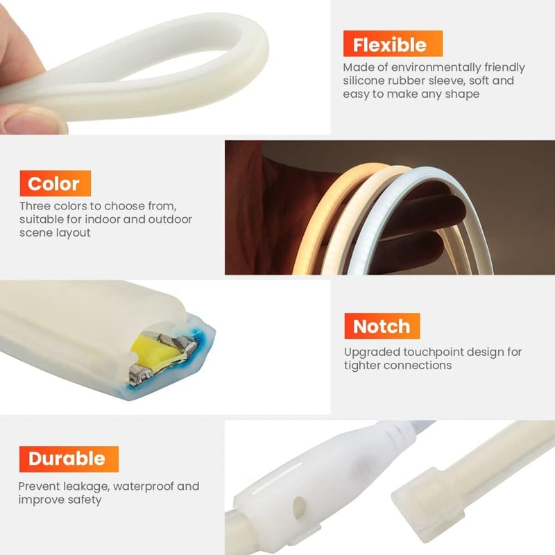 XUNATA COB Neon LED Szalag 230V 288 LED/méter Nagy Fényerő Hajlékony Világítás Természetes Fehér 20m Otthon Dekoráció