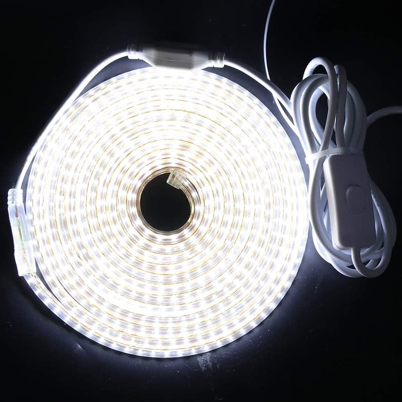 XUNATA Fehér LED Szalag 25m Kapcsolóval és Tápegységgel 220V IP65 Vízálló Flexibilis Világítás Konyha Lépcső Dekoráció