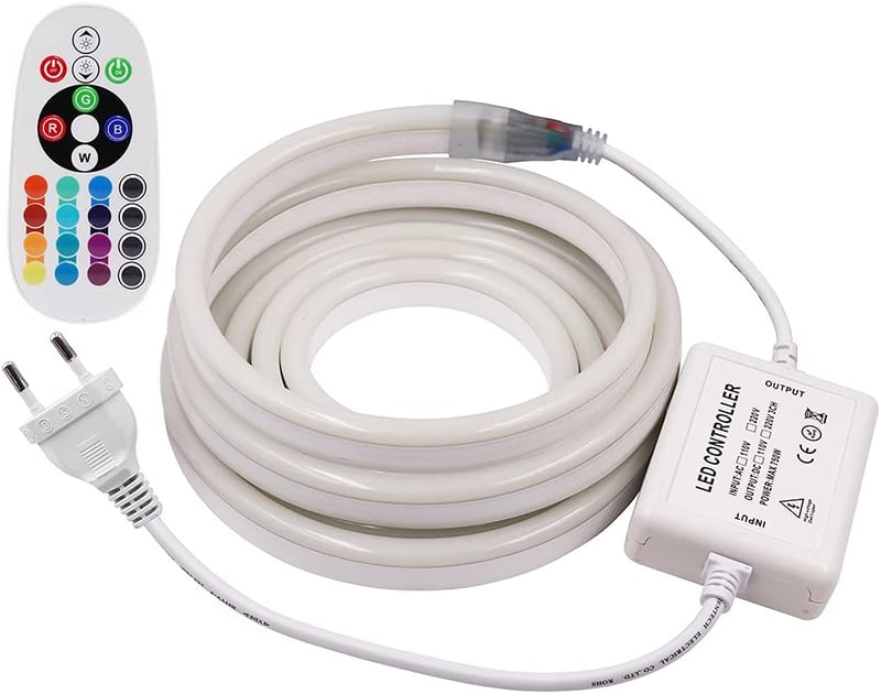 XUNATA LED RGB Neon Szalag 1m 220V Távirányítóval, Vízálló Színváltós LED Fénycsík 120 LED/m Beltéri Kültéri Dekoráció