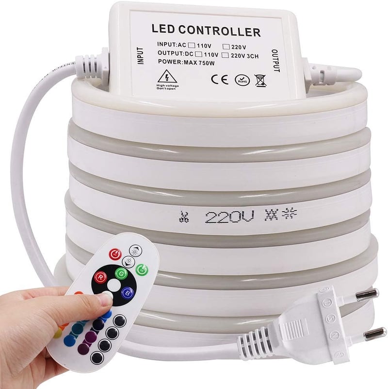 XUNATA LED RGB Neon Szalag 1m 220V Távirányítóval, Vízálló Színváltós LED Fénycsík 120 LED/m Beltéri Kültéri Dekoráció