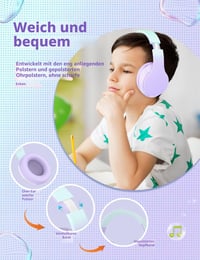 Xunpuls bezdrôtové detské Bluetooth slúchadlá, mikrofón, stereo zvuk, 10-hodinová výdrž batérie, skladacie, nastaviteľný hlavový most, kompatibilné s telefónom, tabletom, PC a TV, fialové 3