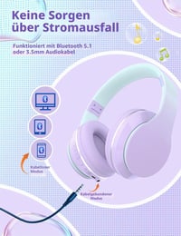 Xunpuls bezdrôtové detské Bluetooth slúchadlá, mikrofón, stereo zvuk, 10-hodinová výdrž batérie, skladacie, nastaviteľný hlavový most, kompatibilné s telefónom, tabletom, PC a TV, fialové 2