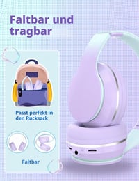 Xunpuls bezdrôtové detské Bluetooth slúchadlá, mikrofón, stereo zvuk, 10-hodinová výdrž batérie, skladacie, nastaviteľný hlavový most, kompatibilné s telefónom, tabletom, PC a TV, fialové 7