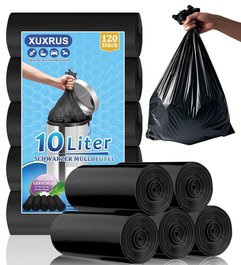Sac de gunoi negru XUXRUS 10 L pentru baie, sac de gunoi rezistent la rupere, pachet de 120 bucăți