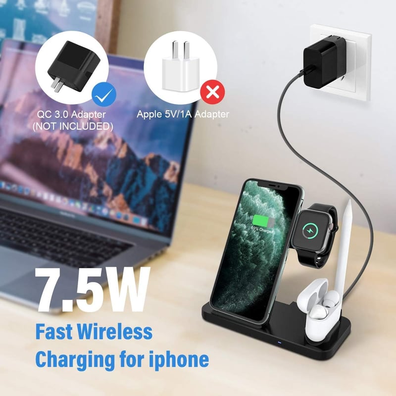 Yaature 4 az 1-ben Vezeték Nélküli Töltő Állomás Apple Watch iPhone Samsung AirPods Gyors Qi Indukciós Töltőpad