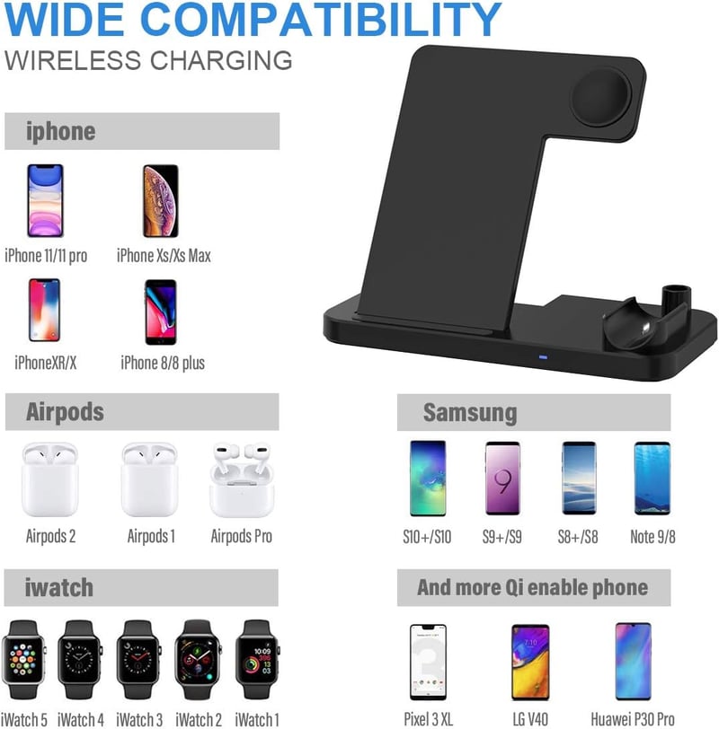 Yaature 4 az 1-ben Vezeték Nélküli Töltő Állomás Apple Watch iPhone Samsung AirPods Gyors Qi Indukciós Töltőpad