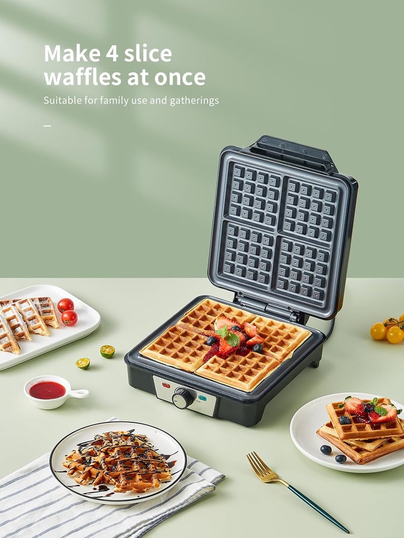 Yabano 1200W Gofrisütő 4 Belga Gofrihoz, Tapadásmentes Lemezzel és Hőfokszabályzóval