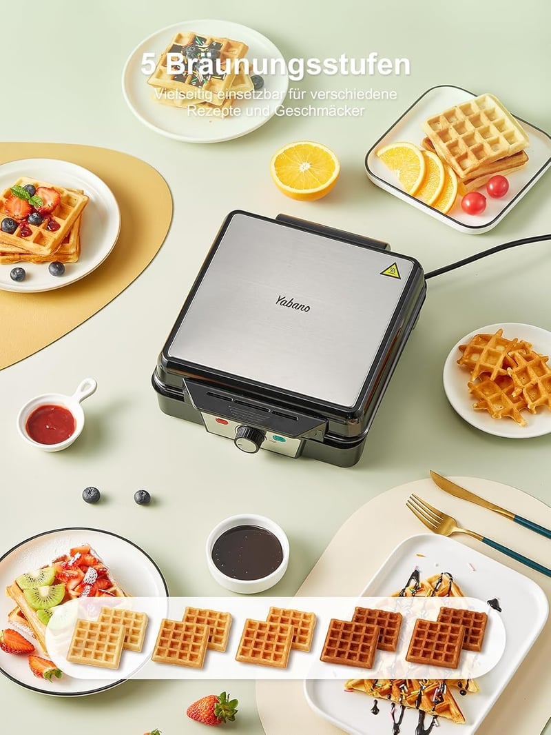 Yabano 1200W Gofrisütő 4 Belga Gofrihoz, Tapadásmentes Lemezzel és Hőfokszabályzóval